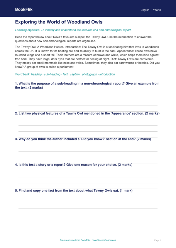 Free Non Chronological Reports Track Sheet | Year 3 Core | BookFlik worksheet preview — English Non Chronological Reports