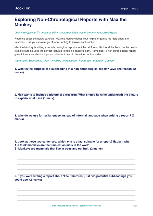 Free Non Chronological Reports Worksheet | Year 3 Core | BookFlik worksheet preview — English Non Chronological Reports