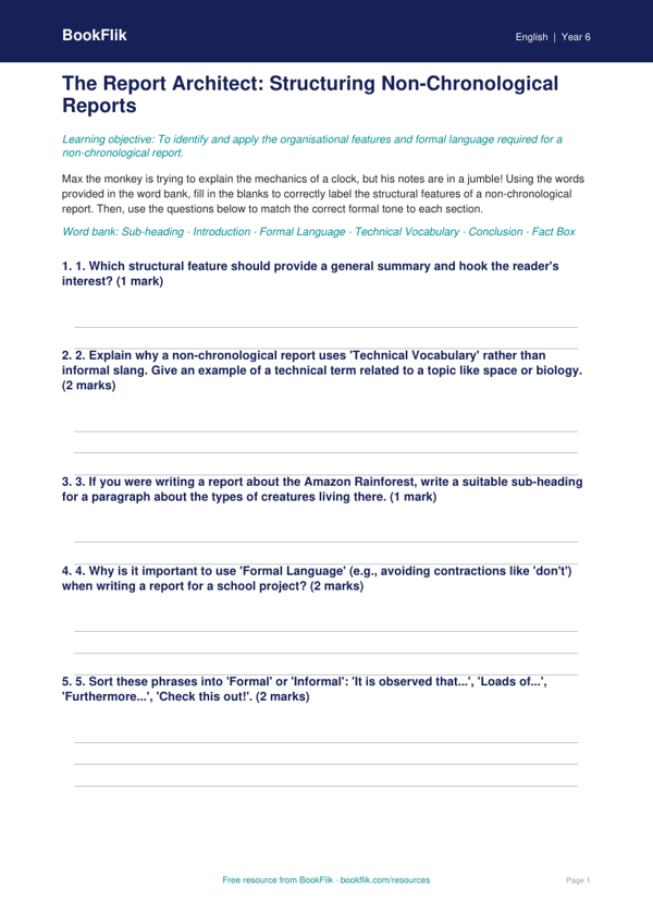 Free Non-Chronological Reports Activity Sheet | Year 6 Core | BookFlik worksheet preview — English Non Chronological Reports