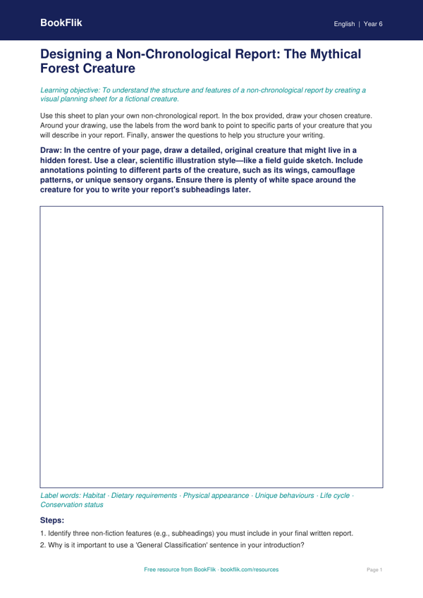 Free Non Chronological Reports Drawing Sheet | Year 6 Core | BookFlik worksheet preview — English Non Chronological Reports
