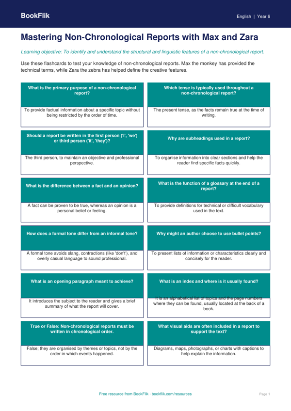 Free Non Chronological Reports Flashcards | Year 6 Core | BookFlik worksheet preview — English Non Chronological Reports