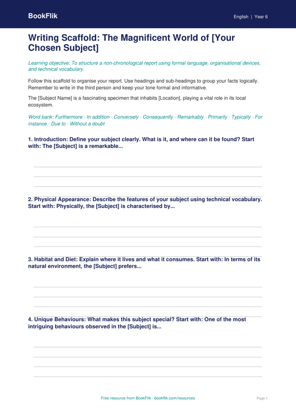 Free Non Chronological Reports Writing Frame | Year 6 Core | BookFlik worksheet preview — English Non Chronological Reports