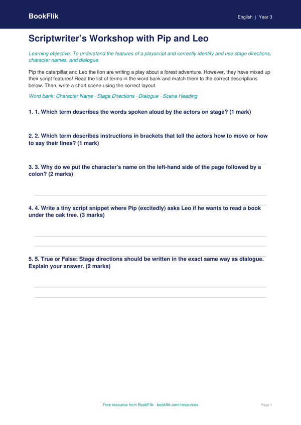 Free Playscripts Activity Sheet | Year 3 Core | BookFlik worksheet preview — English Playscripts