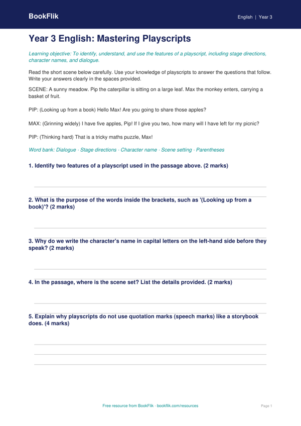 Free Playscripts Assessment | Year 3 Core | BookFlik worksheet preview — English Playscripts