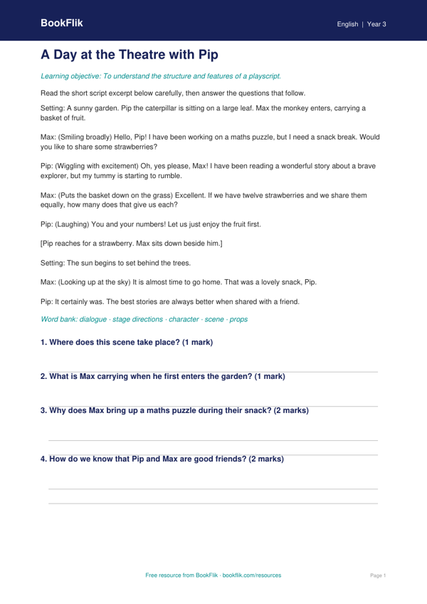 Free Playscripts Comprehension | Year 3 Core | BookFlik worksheet preview — English Playscripts