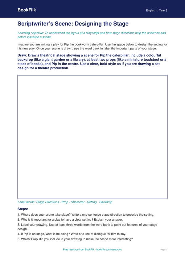 Free Playscripts Drawing Sheet | Year 3 Core | BookFlik worksheet preview — English Playscripts