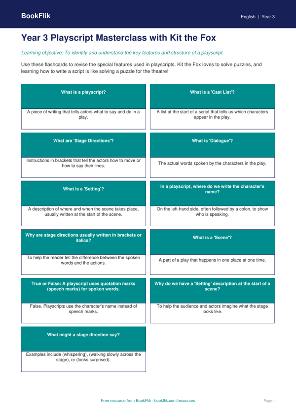 Free Playscripts Flashcards | Year 3 Core | BookFlik worksheet preview — English Playscripts