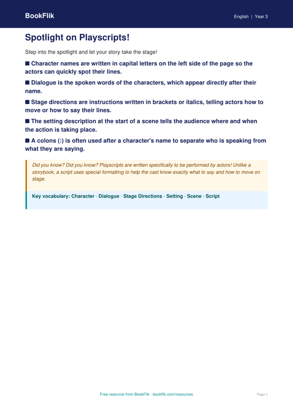 Free Playscripts Poster | Year 3 Core | BookFlik worksheet preview — English Playscripts