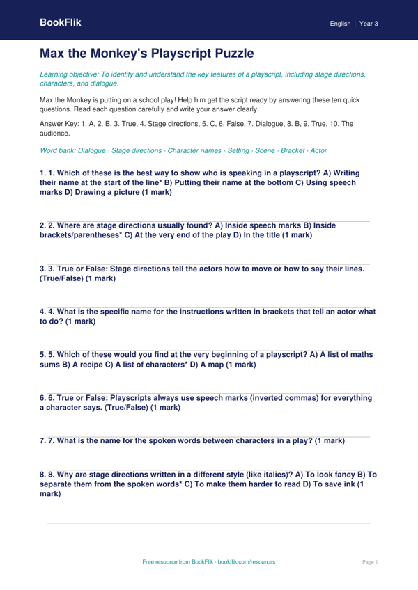 Free Playscripts Quiz | Year 3 Core | BookFlik worksheet preview — English Playscripts