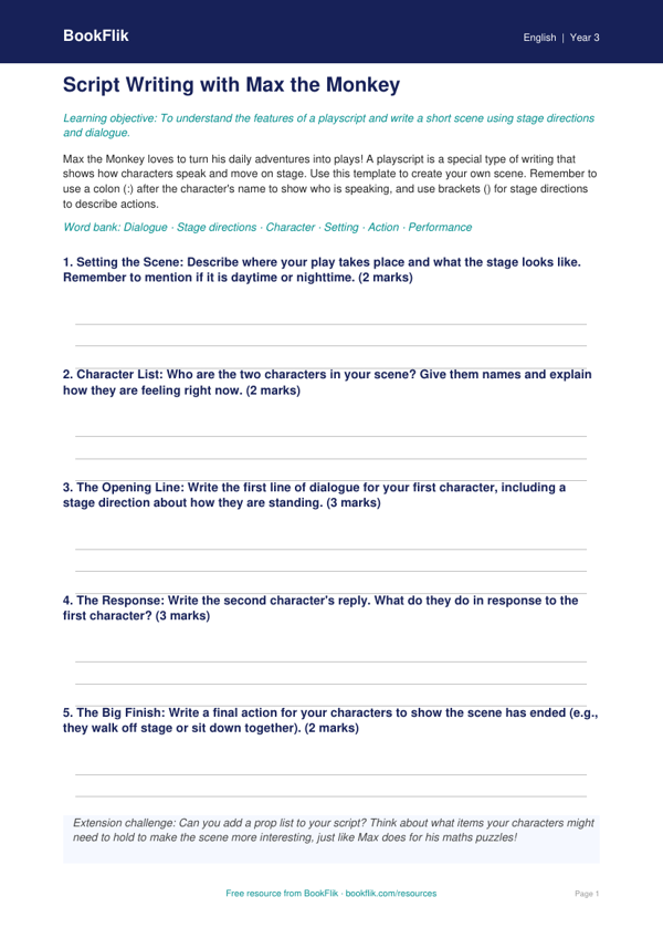 Free Playscripts Template | Year 3 Core | BookFlik worksheet preview — English Playscripts