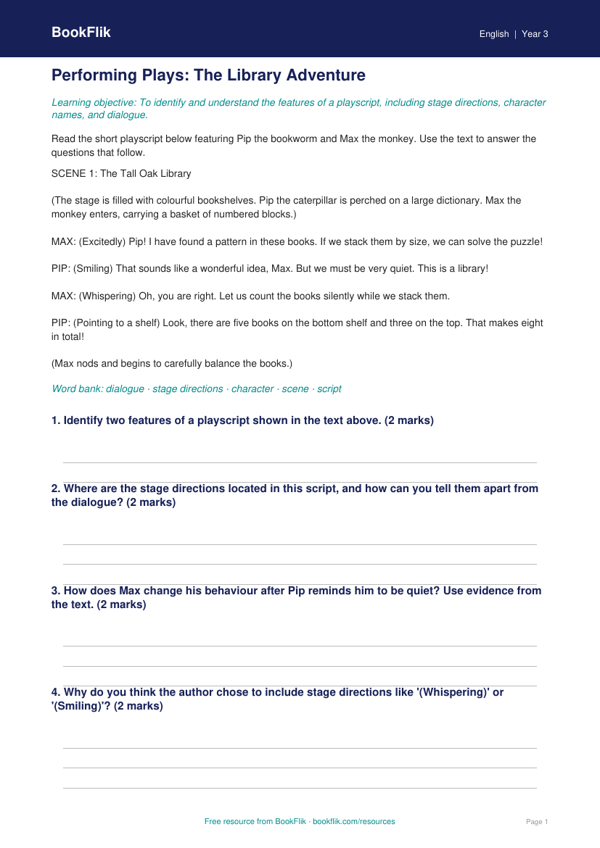 Free Playscripts Track Sheet | Year 3 Core | BookFlik worksheet preview — English Playscripts