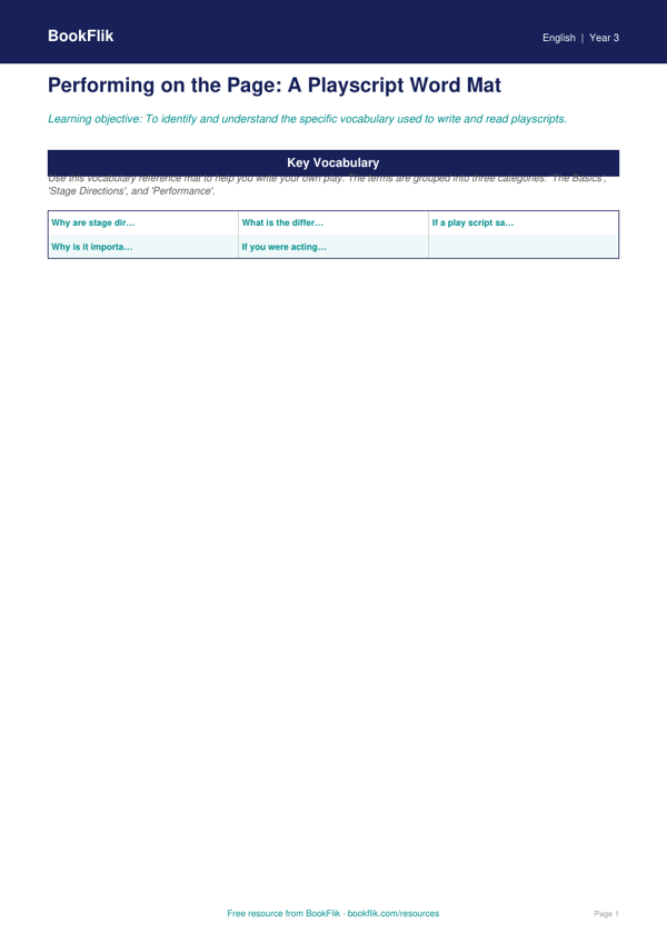 Free Playscripts Word Mat | Year 3 Core | BookFlik worksheet preview — English Playscripts