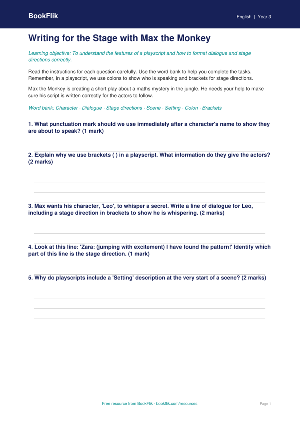 Free Playscripts Worksheet | Year 3 Core | BookFlik worksheet preview — English Playscripts