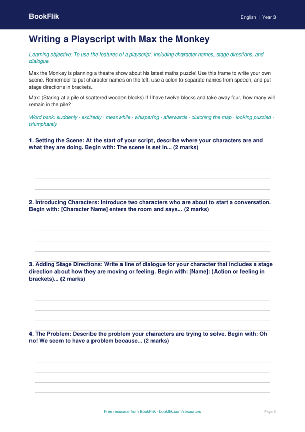 Free Playscripts Writing Frame | Year 3 Core | BookFlik worksheet preview — English Playscripts