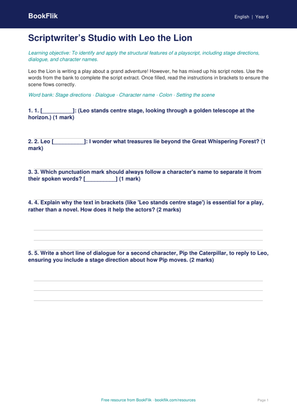 Free Playscripts Activity Sheet | Year 6 Core | BookFlik worksheet preview — English Playscripts