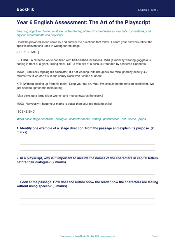 Free Playscripts Assessment | Year 6 Core | BookFlik worksheet preview — English Playscripts