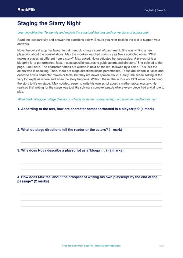 Free Playscripts Comprehension | Year 6 Core | BookFlik worksheet preview — English Playscripts