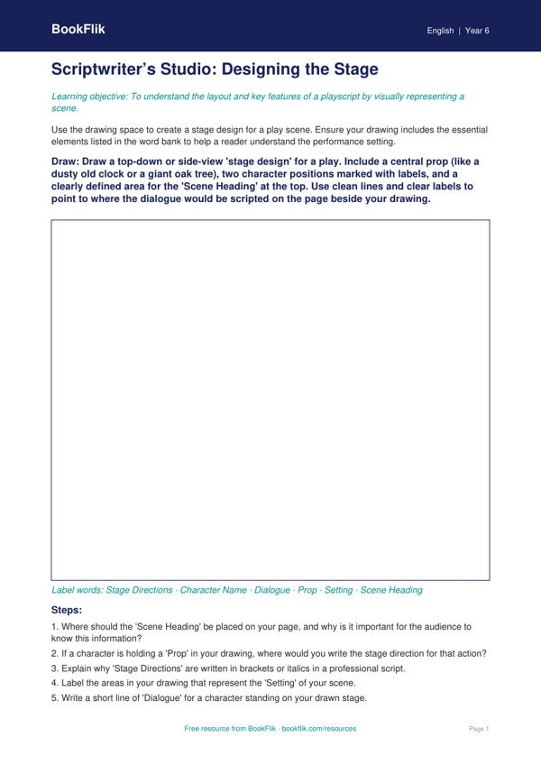 Free Playscripts Drawing Sheet | Year 6 Core | BookFlik worksheet preview — English Playscripts