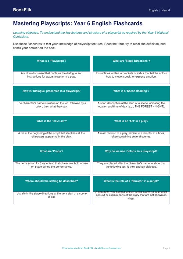 Free Playscripts Flashcards | Year 6 Core | BookFlik worksheet preview — English Playscripts