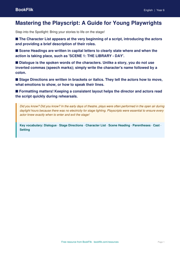 Free Playscripts Poster | Year 6 Core | BookFlik worksheet preview — English Playscripts