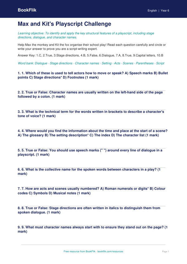 Free Playscripts Quiz | Year 6 Core | BookFlik worksheet preview — English Playscripts