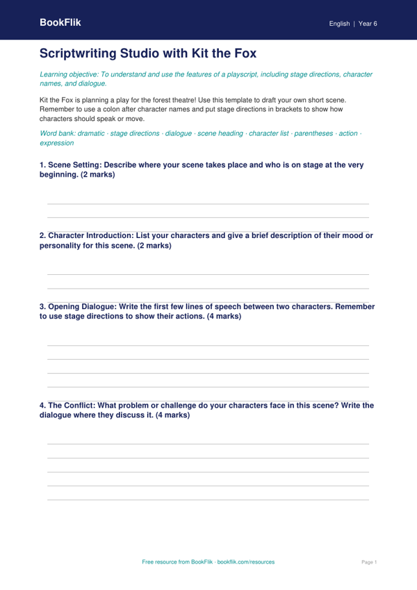 Free Playscripts Template | Year 6 Core | BookFlik worksheet preview — English Playscripts