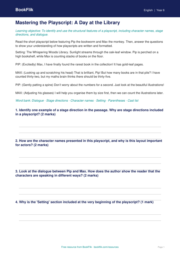 Free Playscripts Track Sheet | Year 6 Core | BookFlik worksheet preview — English Playscripts