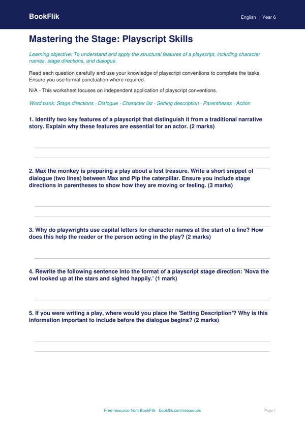 Free Playscripts Worksheet | Year 6 Core | BookFlik worksheet preview — English Playscripts