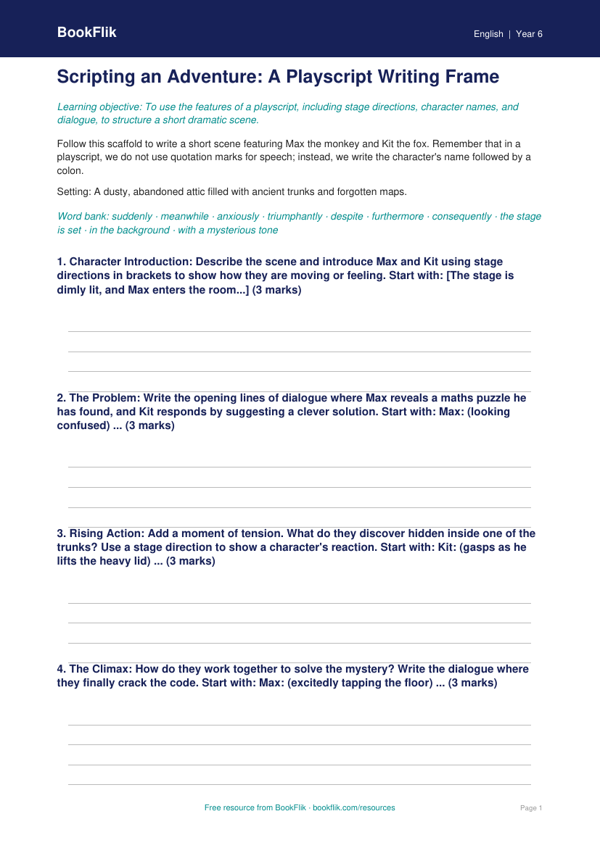 Free Playscripts Writing Frame | Year 6 Core | BookFlik worksheet preview — English Playscripts