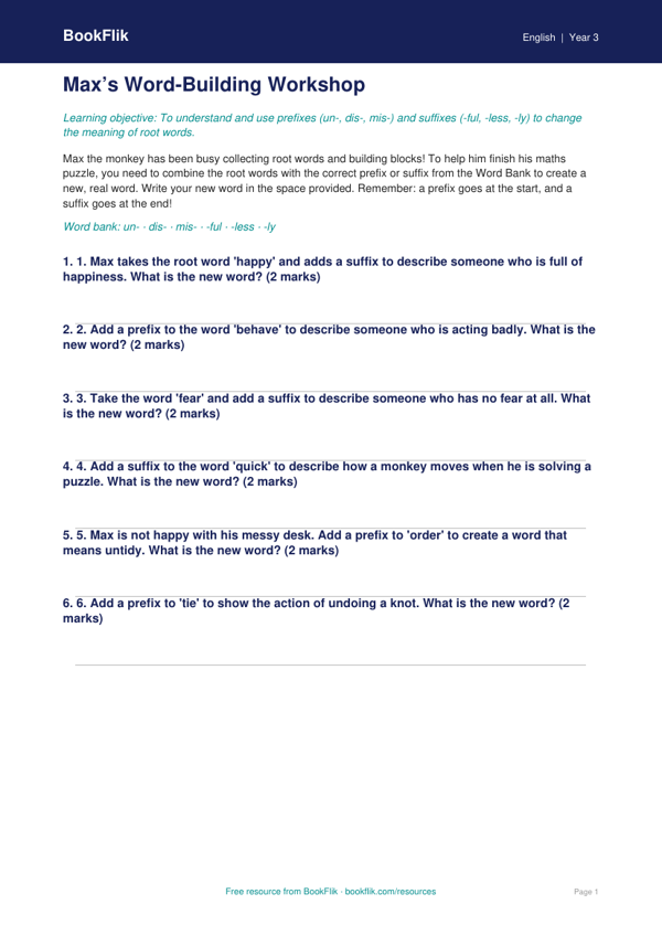 Free Prefixes And Suffixes Activity Sheet | Year 3 Core | BookFlik worksheet preview — English Prefixes And Suffixes
