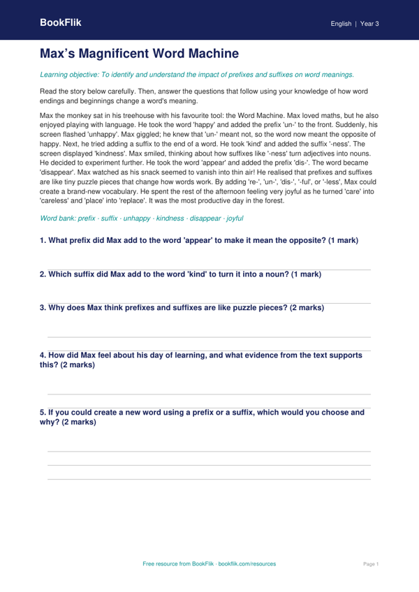 Free Prefixes And Suffixes Comprehension | Year 3 Core | BookFlik worksheet preview — English Prefixes And Suffixes