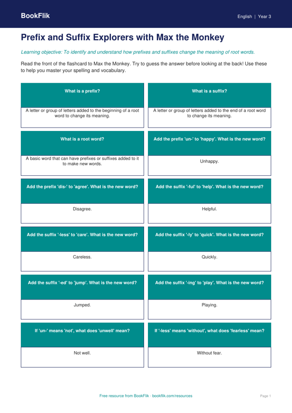 Free Prefixes And Suffixes Flashcards | Year 3 Core | BookFlik worksheet preview — English Prefixes And Suffixes