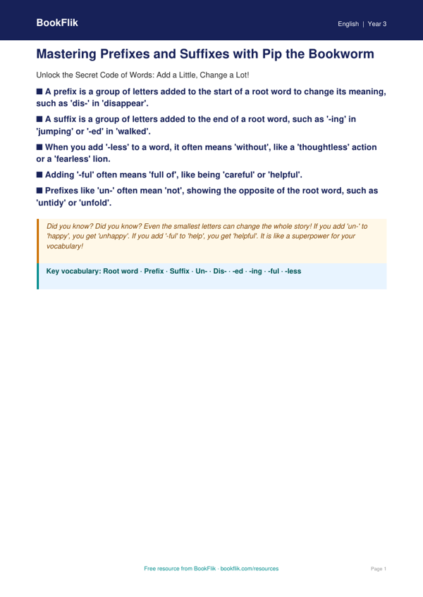 Free Prefixes And Suffixes Poster | Year 3 Core | BookFlik worksheet preview — English Prefixes And Suffixes