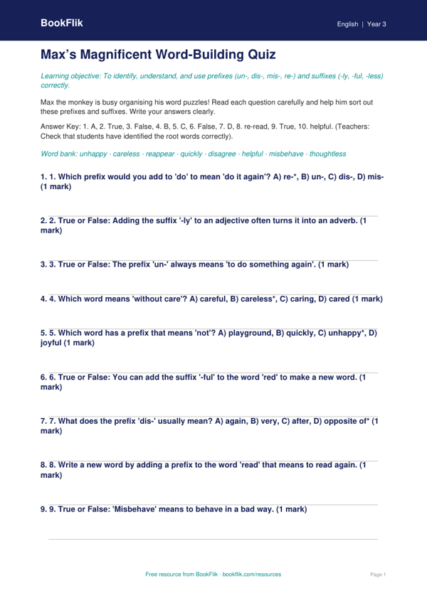Free Prefixes And Suffixes Quiz | Year 3 Core | BookFlik worksheet preview — English Prefixes And Suffixes