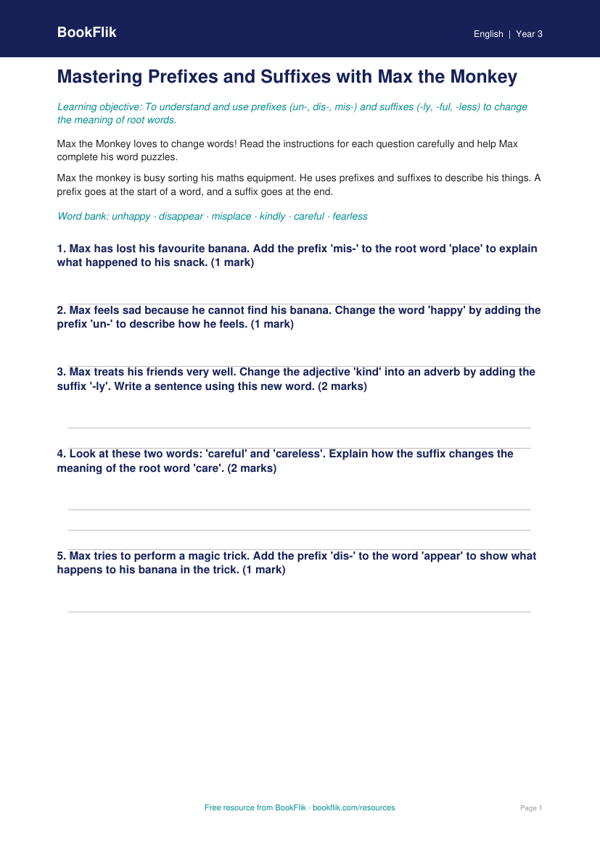 Free Prefixes And Suffixes Worksheet | Year 3 Core | BookFlik worksheet preview — English Prefixes And Suffixes