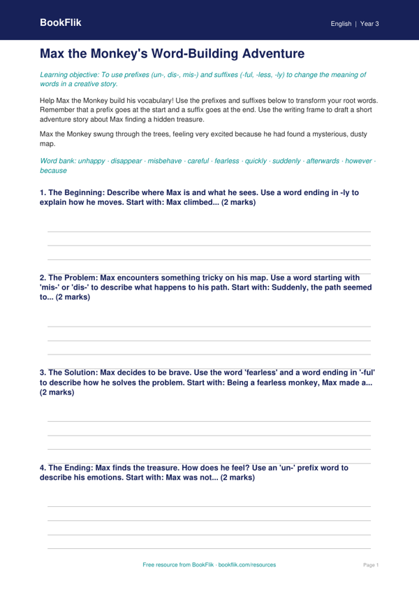 Free Prefixes And Suffixes Writing Frame | Year 3 Core | BookFlik worksheet preview — English Prefixes And Suffixes