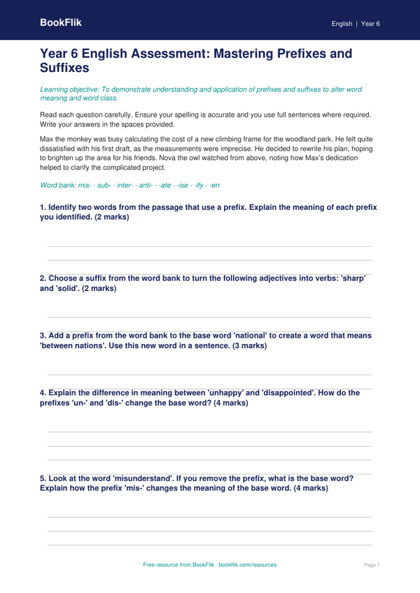 Free Prefixes And Suffixes Assessment | Year 6 Core | BookFlik worksheet preview — English Prefixes And Suffixes