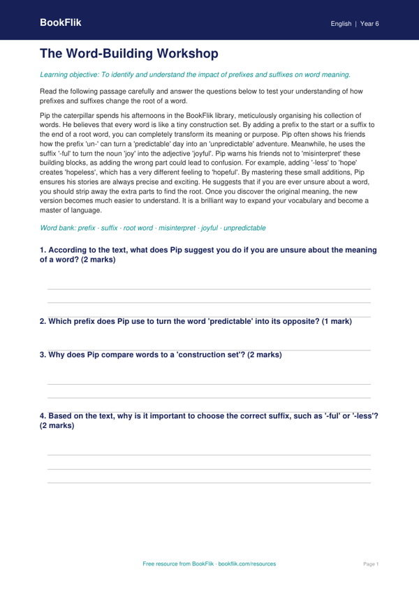 Free Prefixes And Suffixes Comprehension | Year 6 Core | BookFlik worksheet preview — English Prefixes And Suffixes