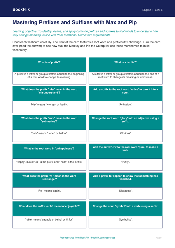 Free Prefixes And Suffixes Flashcards | Year 6 Core | BookFlik worksheet preview — English Prefixes And Suffixes