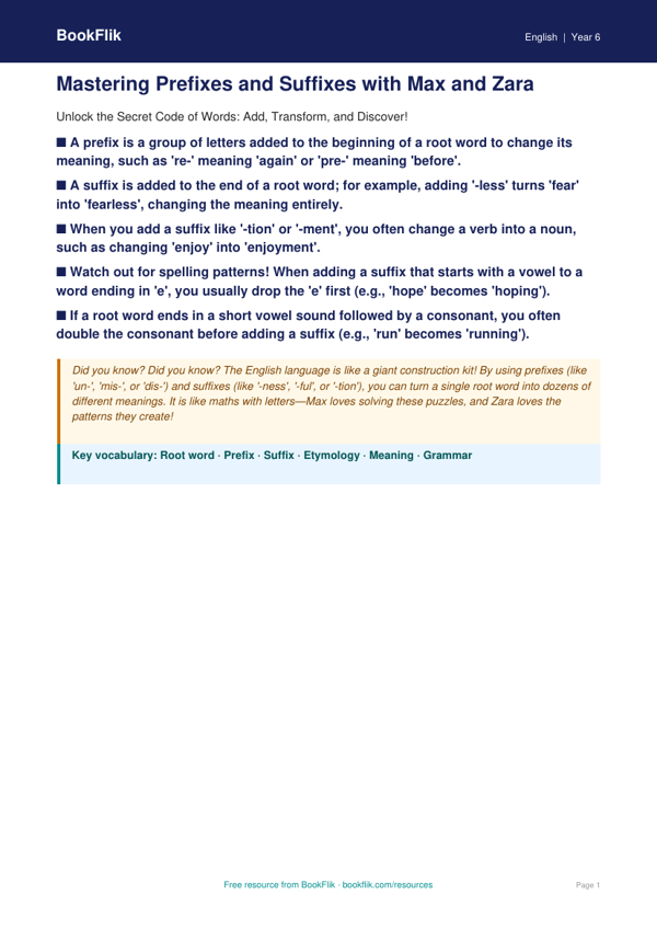 Free Prefixes And Suffixes Poster | Year 6 Core | BookFlik worksheet preview — English Prefixes And Suffixes