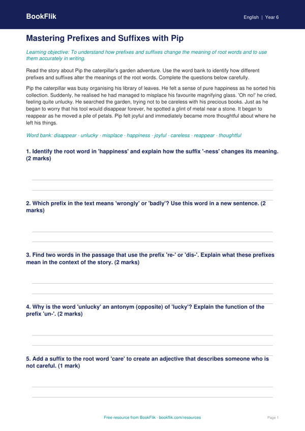 Free Prefixes And Suffixes Track Sheet | Year 6 Core | BookFlik worksheet preview — English Prefixes And Suffixes
