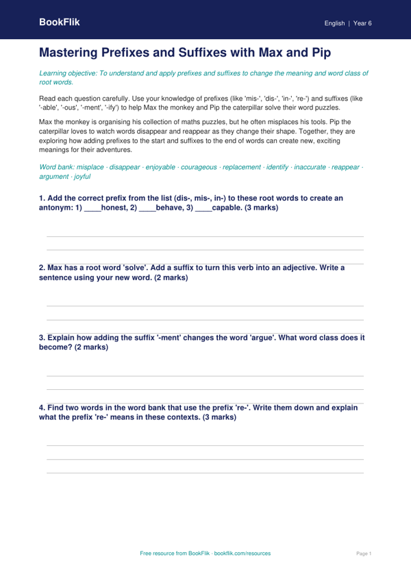 Free Prefixes And Suffixes Worksheet | Year 6 Core | BookFlik worksheet preview — English Prefixes And Suffixes