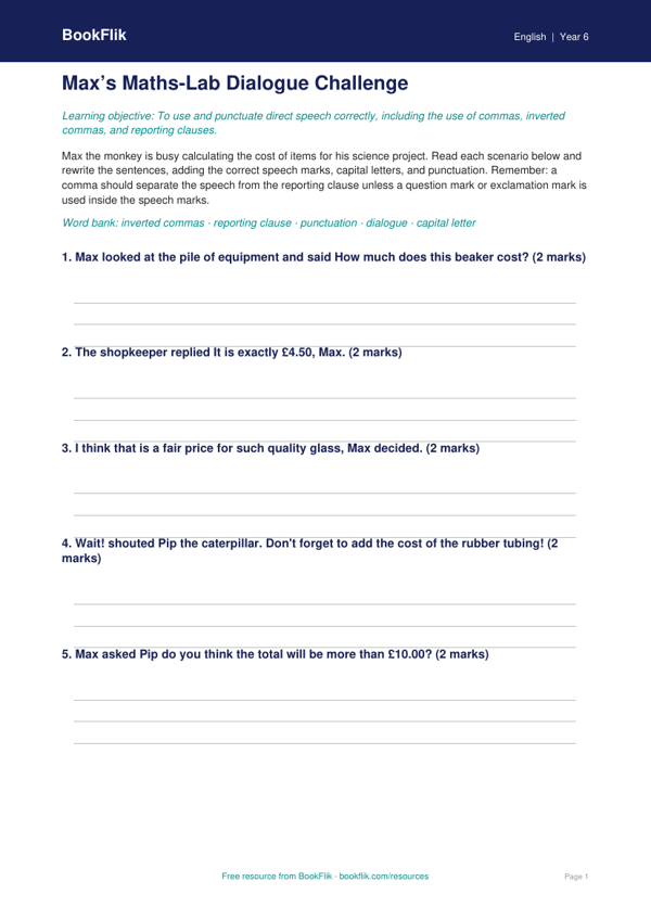 Free Speech Marks Activity Sheet | Year 6 Core | BookFlik worksheet preview — English Speech Marks