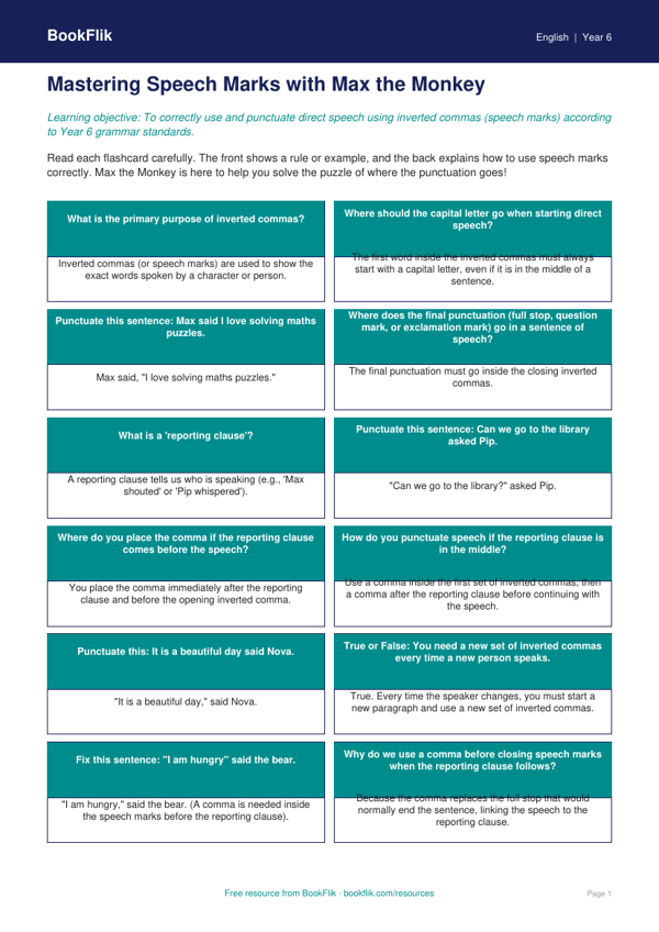 Free Speech Marks Flashcards | Year 6 Core | BookFlik worksheet preview — English Speech Marks