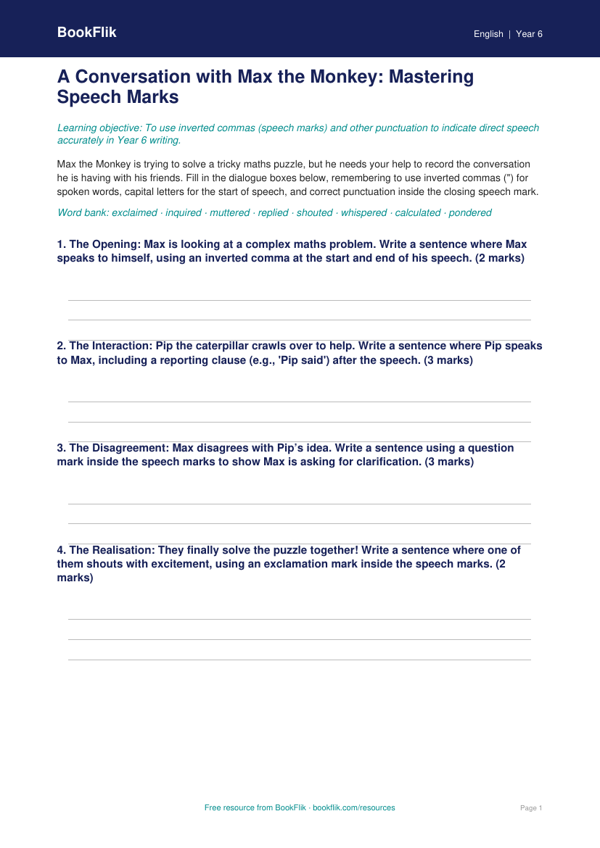 Free Speech Marks Template | Year 6 Core | BookFlik worksheet preview — English Speech Marks