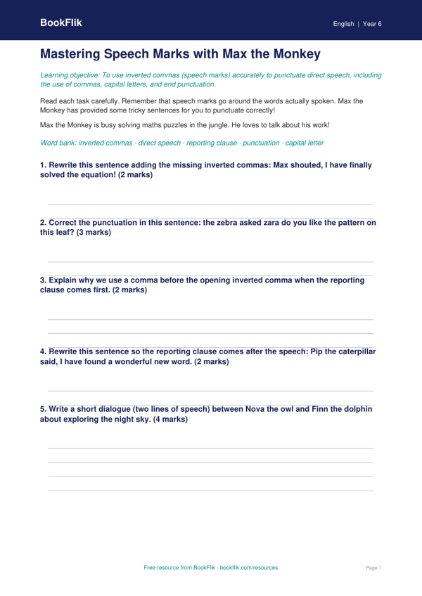 Free Speech Marks Worksheet | Year 6 Core | BookFlik worksheet preview — English Speech Marks