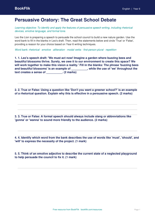 Free Speech Writing Activity Sheet | Year 6 Core | BookFlik worksheet preview — English Speech Writing
