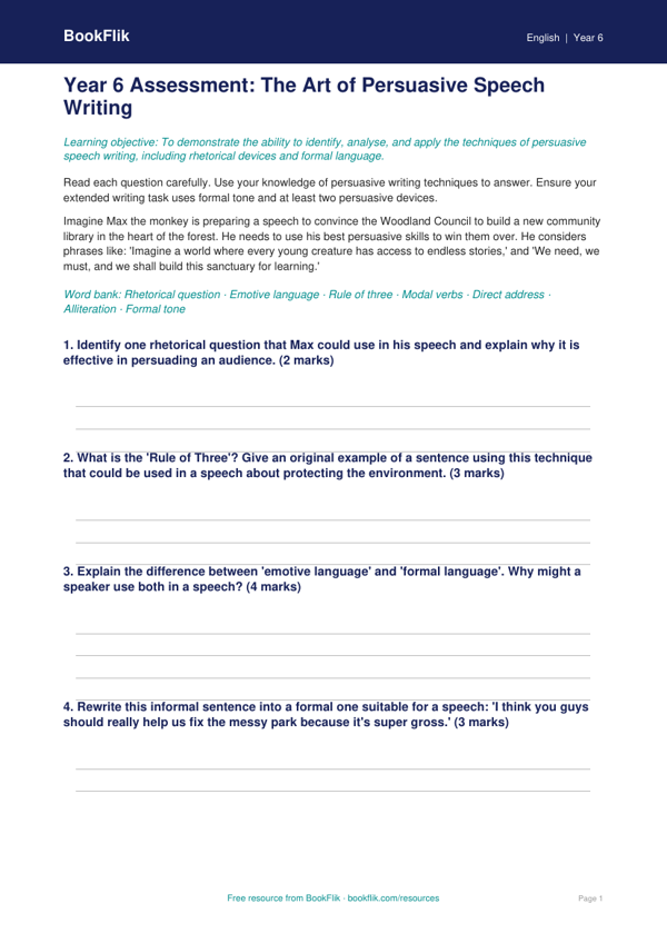 Free Speech Writing Assessment | Year 6 Core | BookFlik worksheet preview — English Speech Writing