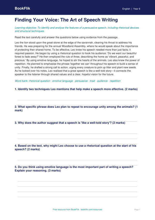 Free Speech Writing Comprehension | Year 6 Core | BookFlik worksheet preview — English Speech Writing