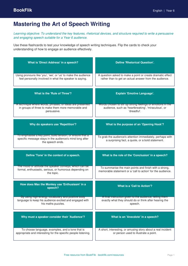 Free Speech Writing Flashcards | Year 6 Core | BookFlik worksheet preview — English Speech Writing